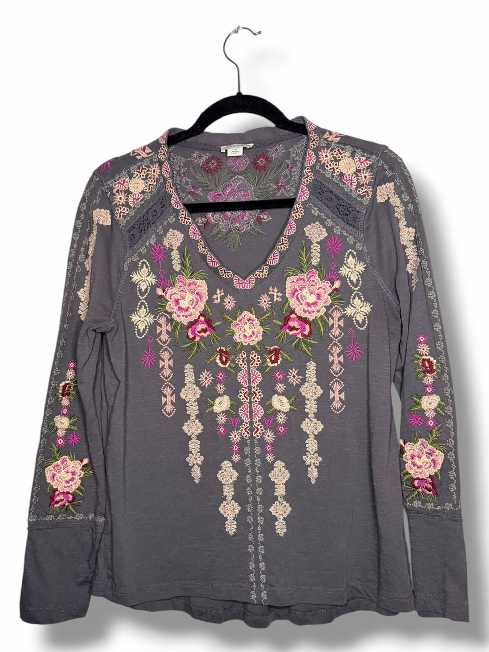 Sundance Blackpearl Gray Glacier Garden V-Neck Floral Embroidered Top Medium - Picture 2 of 9